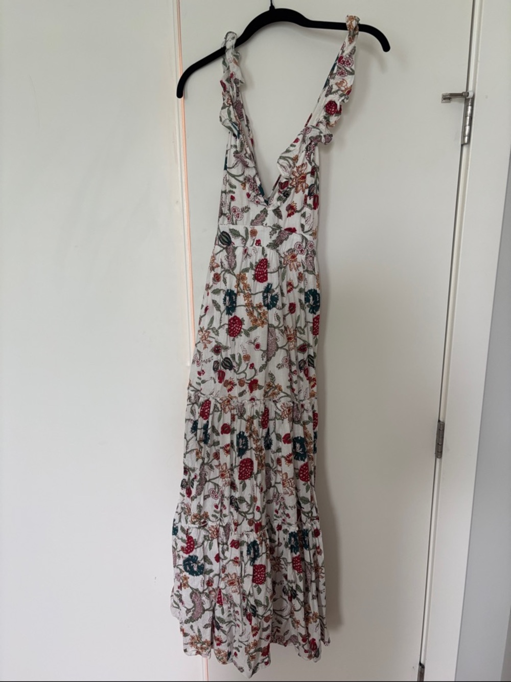 Madison Matthews White Floral V-Neck Maxi Dress with Ruffle Straps